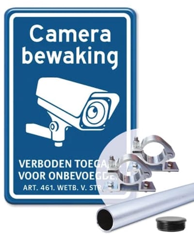 Camerabewaking - Verboden toegang - blauw - Weerbestendig Aluminium - 40x60 cm - Bevestiging: Met paal 150 cm + paalbeugels + paaldop