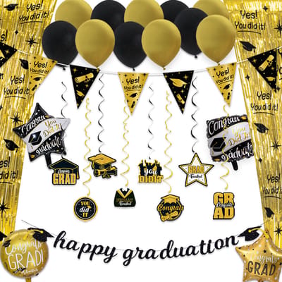 BTH Geslaagd - Feestpakket - Slingers - Ballonnen - Graduation Versiering - Vlag - Zwart & Goud