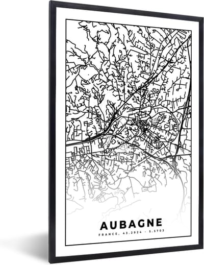 Fotolijst incl. Poster Zwart Wit- Plattegrond - Kaart - Frankrijk - Stadskaart - Aubagne - Zwart wit - 40x60 cm - Posterlijst