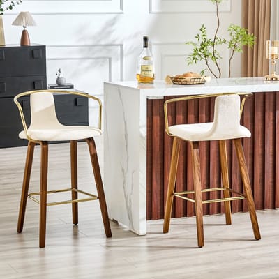 HAUSS SPOLE Barkruk - Scandinavisch Design - Set Van 2 - Met Armleuning, Teddy Stof En Metalen Voetsteun - Voor Keukeneiland - Hout Wit