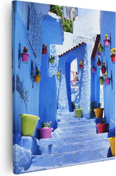 Artaza Canvas Schilderij Chefchaouen - 40x50 cm - Muurdecoratie Blauwe Stad - Wanddecoratie Steeg - Kamer Accessoires