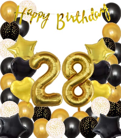 Snoes Ballonnen 28 Jaar Black Gold Dots Mega Ballon - Compleet Feestpakket Goud Zwart Stippen Cijferballon 28 - Verjaardag Versiering DIY Slinger Happy Birthday – Folieballon – Latex Ballonnen - Helium Ballonnen