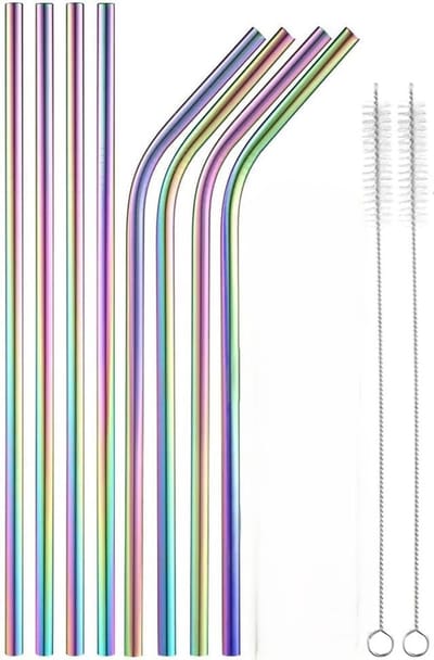 Rietjes van roestvrij staal - herbruikbaar - 12 stuks (6 rechte rietjes + 6 gebogen rietjes) - parelmoeren melkthee rietjes - 21,5 cm - wordt geleverd met 2 reinigingsborstels - metalen rietjes voor cocktails, ijsmelk, thee, milkshakes, ijskoffie