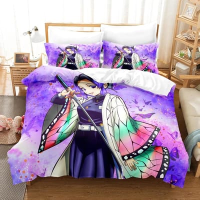 Ensembles de Literie Kochou Shinobu Anime Demon Slayer Couette Housse de Lit Housse de Couette Taie d'Oreiller Twin Simple Queen King Adolescents Cadeaux EU Single 135x200cm