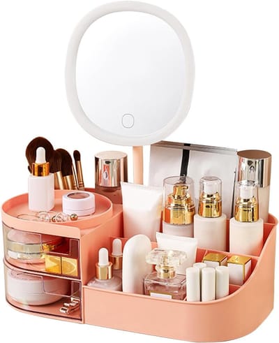 Grote Make-up Organizer met Oplaadbare Spiegel, 2 Lades voor Cosmetica en Huidverzorging, Perfect voor Vanity en Badkamer (Roze)