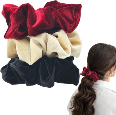Set van 3 Velvet Scrunchies - Grote Elastische Haarbanden in Zwart, Rood en Beige voor Vrouwen en Meisjes, Perfect voor Haarstyling en Accessoires
