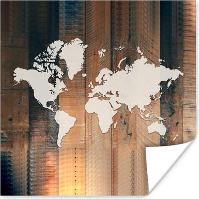Poster 30x30 cm - Wereldkaart - Simpel - Hout - Posters - Kamer decoratie - Wanddecoratie woonkamer - Muurdecoratie slaapkamer
