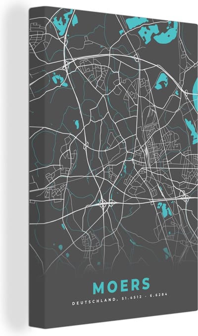 Canvas Schilderij Plattegrond – Moers – Blauw – Stadskaart – Kaart - Duitsland - 20x30 cm - Wanddecoratie