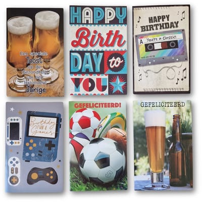 6 Cards & Crafts Mannen Verjaardag Wenskaarten | 12x17cm gevouwen felicitatie kaarten Inclusief enveloppen