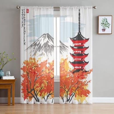 Japans Patroon Bloemenkunst Raamgordijnen Woonkamer Tule Gordijnen Keukendecor Kinderkamer Gordijn Raambekleding 135W x 114H(cm)
