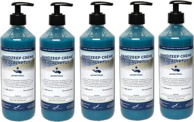 Handzeep Crème Eucalyptus 500 ml - met gratis pompje - set van 5 stuks - Voordeelverpakking