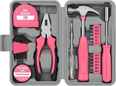 24-delige roze Gereedschapset in Koffer – Huishoudelijke Gereedschapskoffer – Inclusief Hamer, Tang, Schroevendraaier, Inbussleutels en Rolmaat