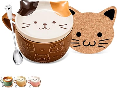 Schattige keramische koffiekoppen met deksel, kattenmotief, gepersonaliseerde set voor koffie en thee, perfect cadeau voor vrouwen, meisjes en kattenliefhebbers, verjaardag of moederdag