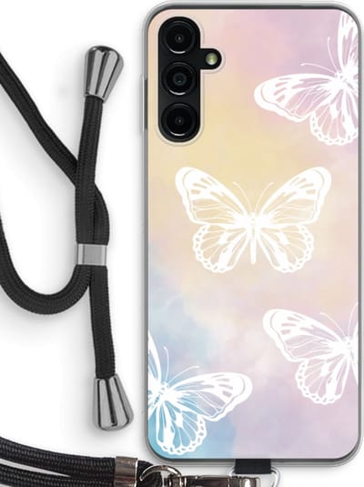 Case Company® - Hoesje met koord geschikt voor Samsung Galaxy A14 hoesje met Koord - White butterfly - Telefoonhoesje met Zwart Koord - Bescherming aan alle Kanten en Over de Schermrand