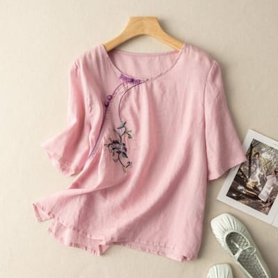 Kortmouw Overhemd voor Dames met Los Borduurwerk Los Retro Katoen Linnen Overhemd Top voor Dames met Schuine Plakknopen voor Zomer Nieuwe Stijl 4XL roze