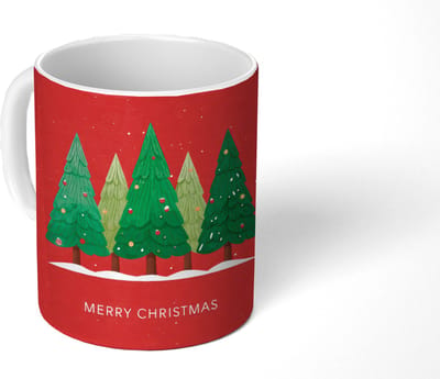 Mok - Koffiemok - Minimalistisch - Kerstbomen - Rood - Sneeuw - Mokken - 350 ML - Beker - Koffiemokken - Theemok