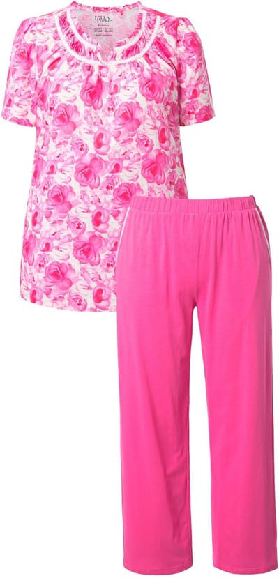 Ulla Popken - Dames - Pyjama rozen kant ronde hals korte mouwen - Roze - Maat 42+
