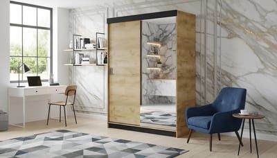 Kledingkast Schuifdeur – Casa Velluto RetroGold 138 cm – Moderne Garderobekast met Spiegel, Elegante Woonkamerkast, Schuifdeuren, Eiken Ambacht Goud – 138x205x59 cm