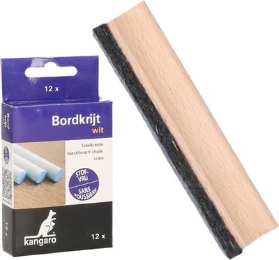 Kangaro krijtbord wisser van 12 cm - hout - Met 12x witte krijtjes - schoolborden beschrijven