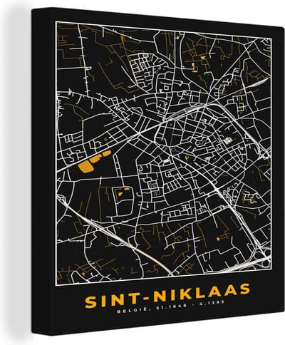 Canvas Schilderij Stadskaart - Sint-Niklaas - Plattegrond - Goud - Kaart - 20x20 cm - Wanddecoratie