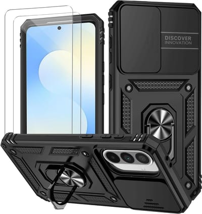 Casemania Hoesje + Glas Geschikt voor Samsung Galaxy S25 FE - Zwart - Anti-Shock Hybrid Armor Back Cover - Hoes met Kickstand Ring en Camera Bescherming + 2x Gehard Glazen Screenprotector
