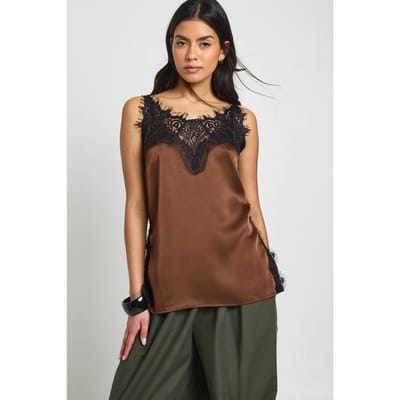 boohoo Dames Kanten Zijsplit Satijnen Cami Top | Chocoladebruin | Maat: 34