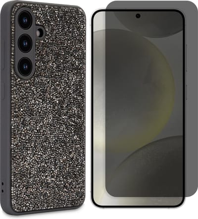 Casemania Hoesje & Privacy Glas Geschikt voor Samsung Galaxy S25 - Zilver - Diamant Glitter Back Cover & Glazen Screenprotector