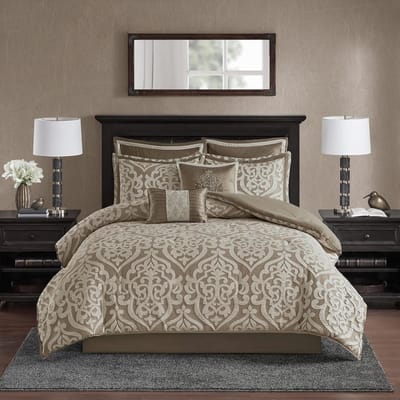 Famanu - Jacquard damast dekbedset 8-delig, allseason dons-alternatief – Beige/Bruin