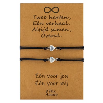 Vriendschapsarmbandjes voor 2 "Twee harten, een verhaal" - Kleine Hartjes - BFF Armbandjes met Cadeau Kaartje - Zwart & Zilverkleurig - Elastisch Verstelbaar - Pax Amare