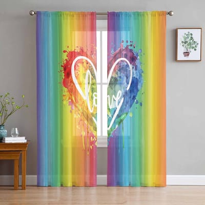 Regenboog Aquarel Verloop Handgetekend Liefdeshart Raam Tule Gordijnen voor Woonkamer Hotel Luxe Decoratie Transparante Gordijnen 135W x 114H(cm) yellow