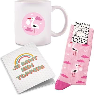 Cadeau Setje Kraamverzorgster Ooievaar Roze | Bedankje kraamhulp | Vrolijke ooievaar zorgsokken blauw + ooievaar mok + kaart je bent een topper