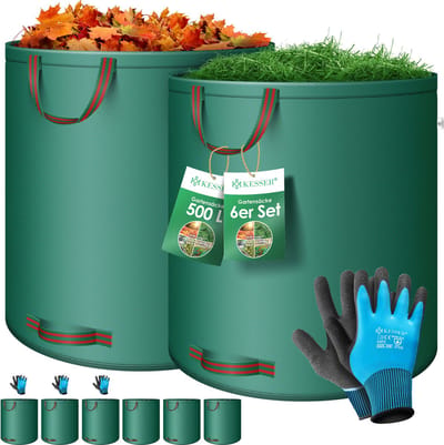 KESSER® Tuinafvalzak Tuinzak Set Bladzak incl. Handschoenen - Zelf Staand 4 Handvatten Stabiel Robuust & Opvouwbaar - Bladzakken Maaisel Tuinzakken voor Tuinafval Groenafval - 6x 500 Liter, Groen