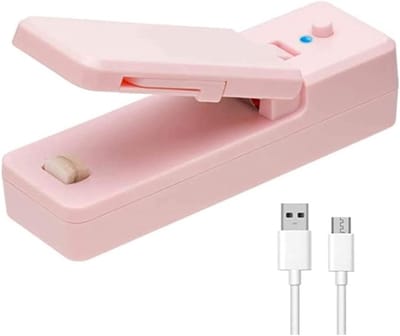 Plastic verpakkingssealer, USB-oplaadbare heetscheerapparaat, draagbare handsealer, zakjes voor keukengraan, plastic snacksealer (roze)