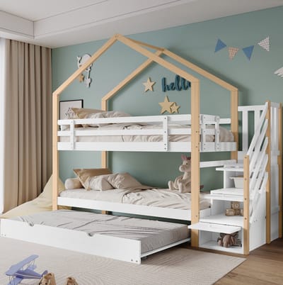 COVREO Stapelbed met uitrolbed en trap met opberglades – 255x95,5x223,5 cm – Kinderbed van hout en MDF – voor slaapkamer en speelruimte – Wit/Naturel - zonder matras