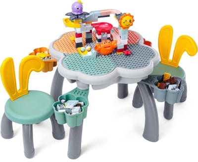 【Super Bonus Bouwpakket incl. 152 Blokken】Compatibel met DUPLO - Kindertafel met 2 Stoeltjes en 4 Bakjes - Blokkentafel - Speeltafel - Knutseltafel - Zandbak - Waterbak - Bouwplaat for Grote-Bouwstenen - Multifunctionele Bouwtafel【WonderMind BA-F003】