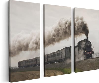 Artaza Canvas Schilderij Drieluik Locomotief Trein met Rook Wolken - 120x80 cm - Wanddecoratie Woonkamer - Schilderijen - Muurdecoratie