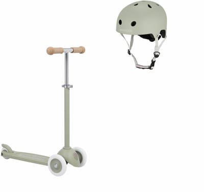 Banwood Eco Scooter + Basket + Eco Fietshelm - Olive - kinderstep - kinder helm - voordeelset
