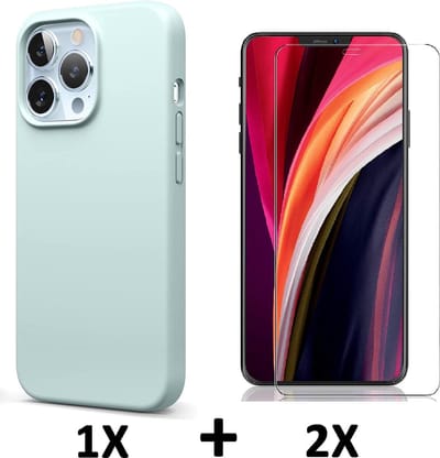 HB Hoesje Geschikt voor Apple iPhone 13 Pro - Turquoise / 2X Glazen Screenprotector - Siliconen Back Cover