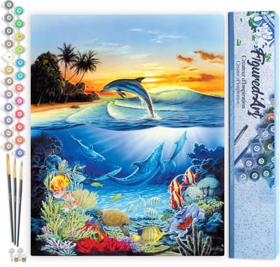 Figured'Art Schilderen op Nummer Volwassenen canvas Dolfijnen in de lagune - Handwerk acrylverf Kit DIY Compleet - 40x50cm zonder frame