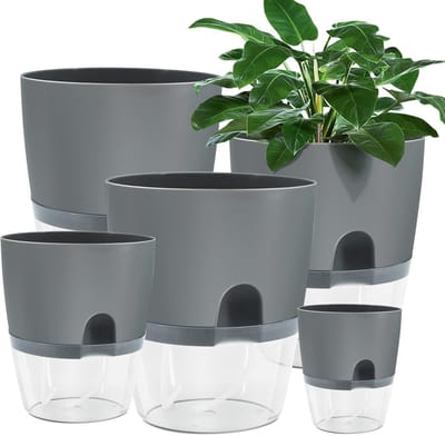 Plantenpotten Set - Grijs - 5 Stuks - Kunststof met Automatisch Bewateringssysteem - Voor Binnen en Buiten