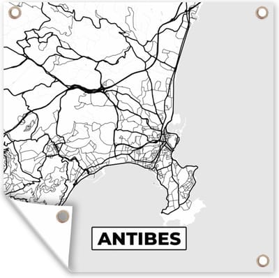 Tuin poster Stadskaart - Plattegrond - Antibes - Kaart - Frankrijk - Zwart wit - 200x200 cm - Tuindoek