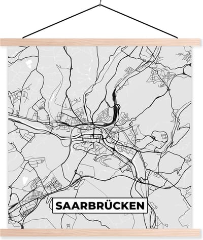 Posterhanger incl. Poster 40x40 cm - Schoolplaat - Kaart - Saarrücken - Plattegrond - Duitsland - Stadskaart - Textielposter - Blanke latten - Stadskaart
