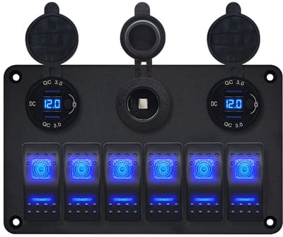 ProRide Schakelpaneel 12V voor Auto/Boot - 4 USB Poorten met Schakelaar/Voltmeter - QC3.0 - 6 schakelaars + 12V/24V stopcontact
