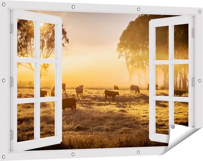 Gards Tuinposter Doorkijk Kudde Koeien in de Wei met Zonsopkomst - 120x80 cm - Tuindoek - Tuindecoratie - Wanddecoratie buiten - Tuinschilderij