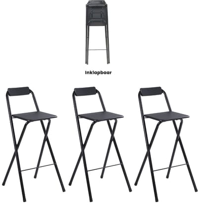 Alora Inklapbare Barkruk - Per 3 - Barkrukken Met Rugleuning - Opvouwbare Barkrukken Set Van 3 - Opklapbaar - Zwart - Outdoor - Barstoel - Klapstoel - Inklapbaar - Met Voetsteun - Camping - Barkruk Buiten