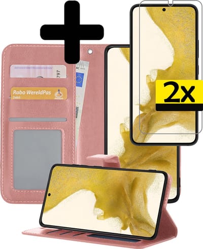Hoesje - Met 2x Screenprotector - Geschikt voor Samsung Galaxy S22 - Luxe Pasjeshouder - Bookcase Portemonee - Flip Case - Kunstleer Book Case - Flipcase Hoes - Book Cover - Walletcase - Portemonneehoes - Telefoonhoesjes - Rosé goud