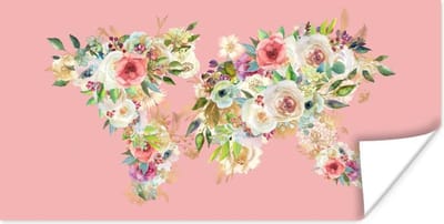 Wereldkaart Muur - Wereldkaart - Bloemen - Bladeren - 40x20 cm - Poster