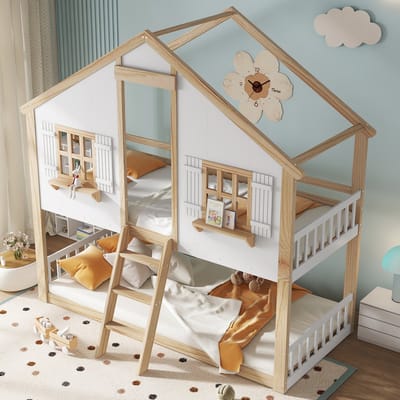 Wishdor Huis Stapelbed 90x200 cm - Dak & Raam - Schuine 3-Traps Ladder - Wit/Naturel Hout - Knus & Veilig