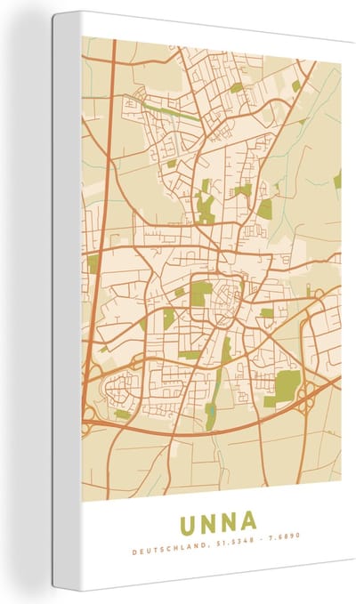 Canvas Schilderij Unna - Vintage - Kaart - Stadskaart - Plattegrond - 20x30 cm - Wanddecoratie