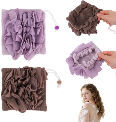 Dailygoods- Loofah 2-in-1 Exfoliërende Badspons - Douchepuff van Gaas - Herbruikbaar Washandje - 17x16cm - Met Trekkoord